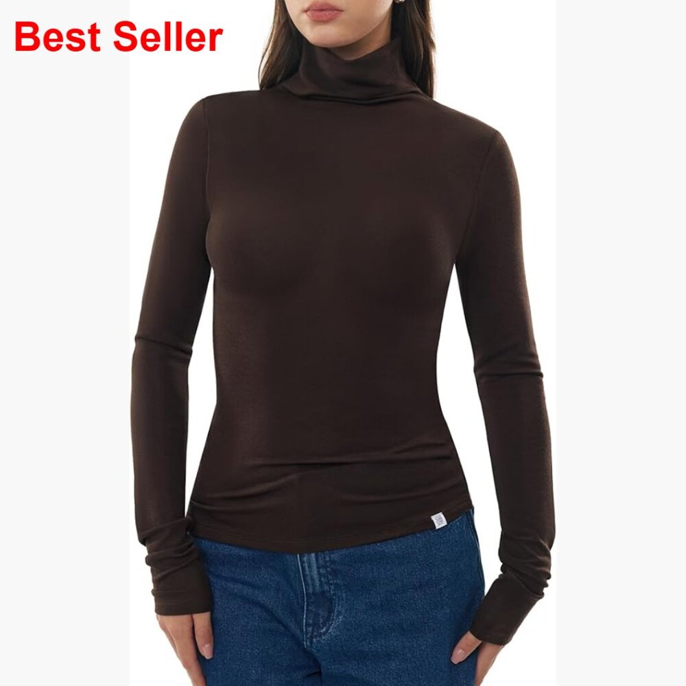 Merino Wool Blend Long Sleeve Turtleneck T-Shirt Fitted Top